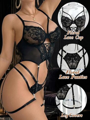 POPIV Sexy Lingerie for Women,Floral Strappy Lingerie Set Lace Bodysuit Garter Belt and Thigh Highs Sets(No Stocking) in Saudi Arabia