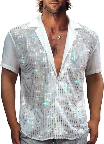 Mens Mesh Sequins See Through 70s Disco Long Sleeve Button Down Shirts in Kuwait