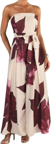 THLAI Sexy Jumpsuits for Women Floral Print Off Shoulder Top Wide Leg Pants Jumpsuits with Matching Belt Elegant Outfits in Kuwait