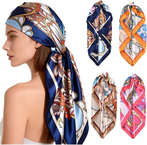 4 Pcs Head Scarf for Women Silk Scarf Hair Scarf Bandanas 35" Square Satin Bag Silk Hair Wrap for Sleeping in Saudi Arabia