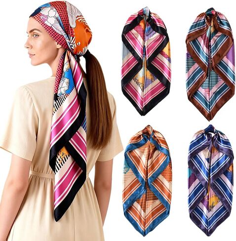 4 Pcs Head Scarf for Women Silk Scarf Hair Scarf Bandanas 35" Square Satin Bag Silk Hair Wrap for Sleeping in Saudi Arabia