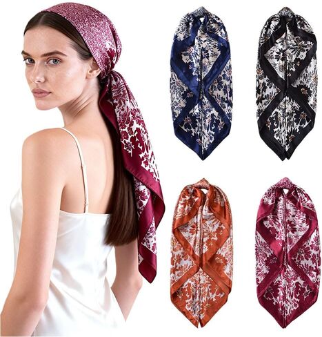 4 Pcs Head Scarf for Women Silk Scarf Hair Scarf Bandanas 35" Square Satin Bag Silk Hair Wrap for Sleeping in Saudi Arabia