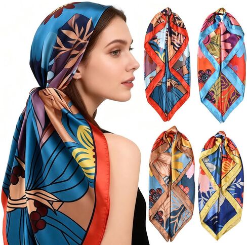 4 Pcs Head Scarf for Women Silk Scarf Hair Scarf Bandanas 35" Square Satin Bag Silk Hair Wrap for Sleeping in Saudi Arabia