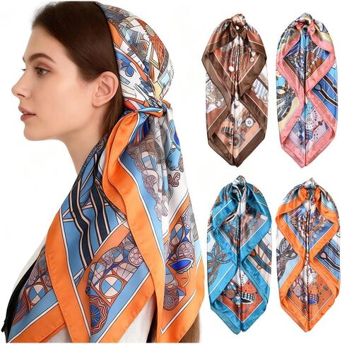 4 Pcs Head Scarf for Women Silk Scarf Hair Scarf Bandanas 35" Square Satin Bag Silk Hair Wrap for Sleeping in Saudi Arabia
