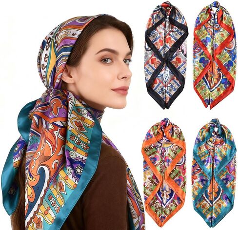 4 Pcs Head Scarf for Women Silk Scarf Hair Scarf Bandanas 35" Square Satin Bag Silk Hair Wrap for Sleeping in Saudi Arabia