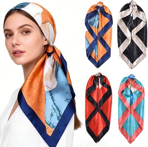 4 Pcs Head Scarf for Women Silk Scarf Hair Scarf Bandanas 35" Square Satin Bag Silk Hair Wrap for Sleeping in Saudi Arabia