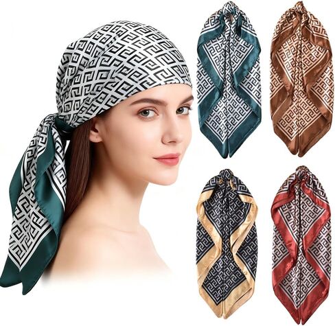 4 Pcs Head Scarf for Women Silk Scarf Hair Scarf Bandanas 35" Square Satin Bag Silk Hair Wrap for Sleeping in Saudi Arabia