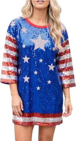 American Flag Star Striped Sparkly Sequin Long T-Shirt for Men Women Loose Mini Dress for Patriotic Casual Costume Party One Size in Saudi Arabia