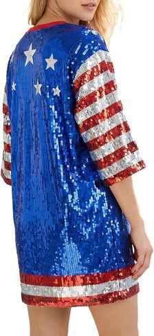 American Flag Star Striped Sparkly Sequin Long T-Shirt for Men Women Loose Mini Dress for Patriotic Casual Costume Party One Size in Saudi Arabia