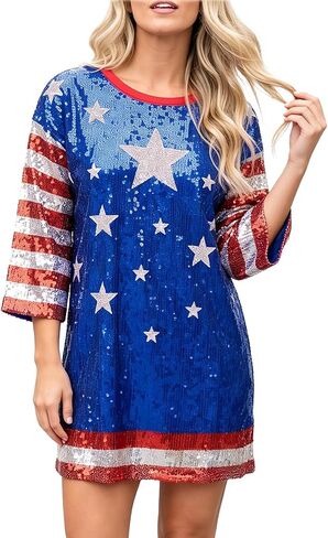 American Flag Star Striped Sparkly Sequin Long T-Shirt for Men Women Loose Mini Dress for Patriotic Casual Costume Party One Size in Saudi Arabia