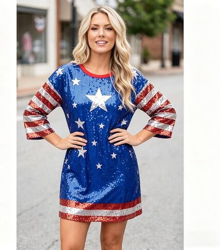 American Flag Star Striped Sparkly Sequin Long T-Shirt for Men Women Loose Mini Dress for Patriotic Casual Costume Party One Size in Saudi Arabia