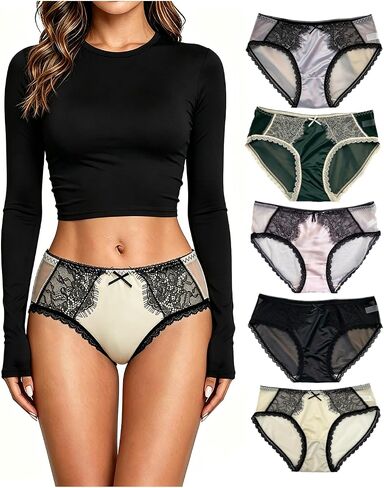 Women's Satin Panties 5 Pack Hipster Panties for Women Ladies Sexy Lace Cheeky Underwear with Bow Women Underwear in Saudi Arabia