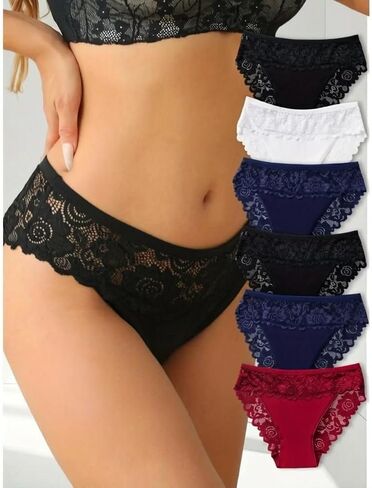 3 Pack Womens Cotton Underwear Mid Rise Briefs with Floral Contrast Lace Soft Elegant Panty Set in Kuwait
