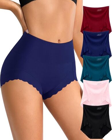 5 Pack Womens Seamless Underwear High Waisted Postpartum Underwear Scalloped Edge No Show Full Coverage Silky Briefs in Saudi Arabia