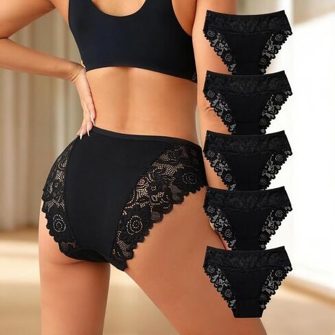 3 Pack Womens Cotton Underwear Mid Rise Briefs with Floral Contrast Lace Soft Elegant Panty Set in Kuwait