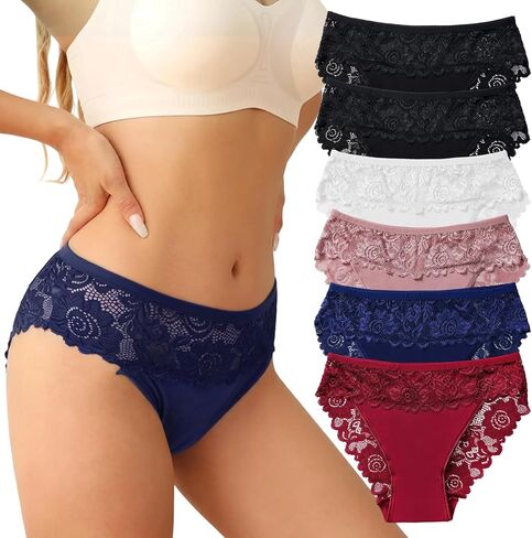 3 Pack Womens Cotton Underwear Mid Rise Briefs with Floral Contrast Lace Soft Elegant Panty Set in Kuwait
