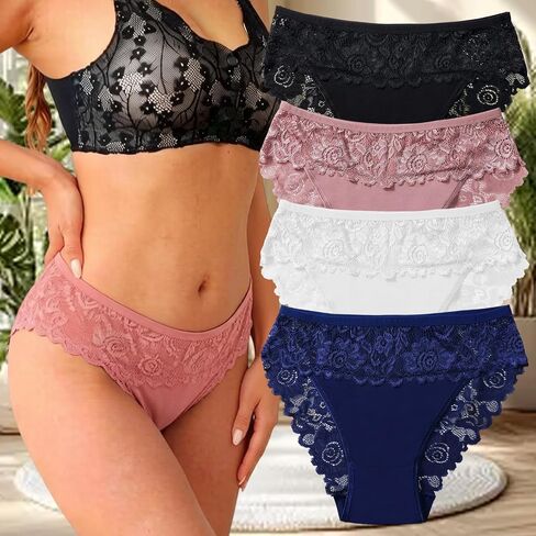 3 Pack Womens Cotton Underwear Mid Rise Briefs with Floral Contrast Lace Soft Elegant Panty Set in Kuwait