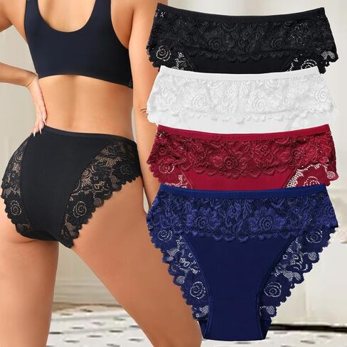 3 Pack Womens Cotton Underwear Mid Rise Briefs with Floral Contrast Lace Soft Elegant Panty Set in Kuwait