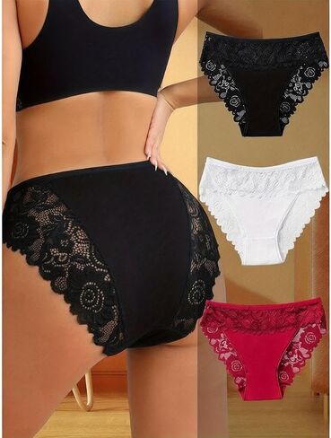 3 Pack Womens Cotton Underwear Mid Rise Briefs with Floral Contrast Lace Soft Elegant Panty Set in Kuwait