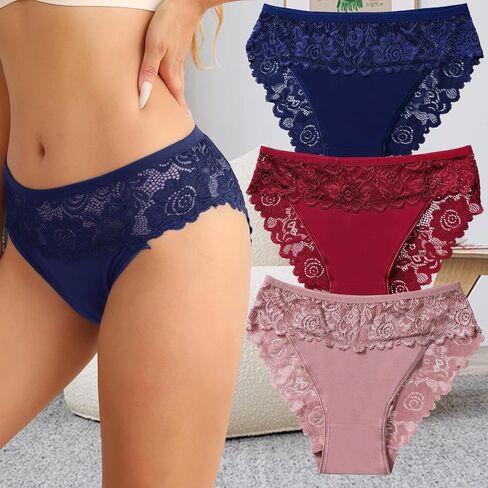 3 Pack Womens Cotton Underwear Mid Rise Briefs with Floral Contrast Lace Soft Elegant Panty Set in Kuwait