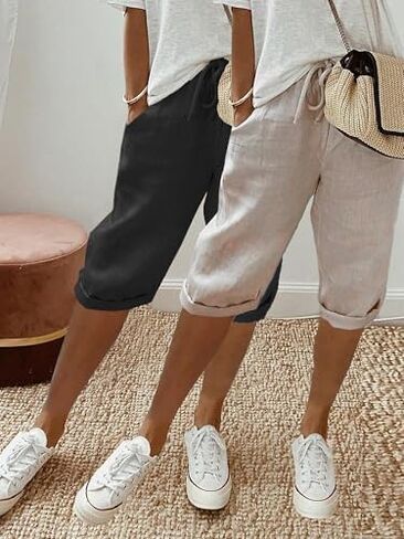 2Pcs Women's Cropped Pants with Elastic Waistband, Diagonal Side Pockets, and Faux Drawstring in Kuwait