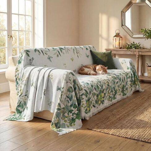 Horaldaily Spring Summer Waffle Couch Sofa Slip Cover, Eucalyptus Floral Non Slip Washable Couch Sofa Cover for 2 Cushion Pet Friendly, Sectional L Shape Covers for Dogs, Kids,71"x118" in Kuwait