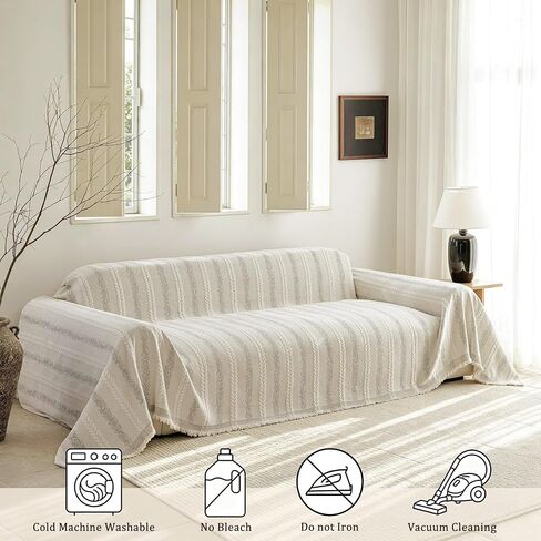 VOIR Waterproof Couch Cover for Pets Washable, Soft Chenille Sectional Sofa Cover for 3-4 Cushion Couch, Pet Friendly Farmhouse Boho Stripe Sofa Slipcovers for Dogs and Cats, 87" x 150", Beige in Saudi Arabia