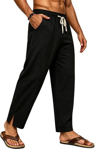 SWOMOG Mens Cotton Linen Harem Pants Baggy Drawstring Summer Beach Pants Lightweight Casual Pants with Pockets in Kuwait