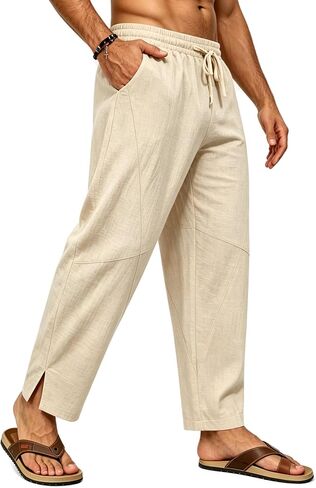 SWOMOG Mens Cotton Linen Harem Pants Baggy Drawstring Summer Beach Pants Lightweight Casual Pants with Pockets in Kuwait