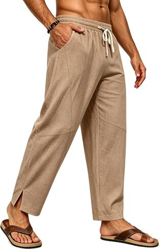 SWOMOG Mens Cotton Linen Harem Pants Baggy Drawstring Summer Beach Pants Lightweight Casual Pants with Pockets in Kuwait