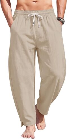 BUXKR Men's Cotton Linen Ankle Pants, Summer Casual Loose Fit Beach Trousers with Elastic Waist Drawstring & Deep Pockets in Saudi Arabia