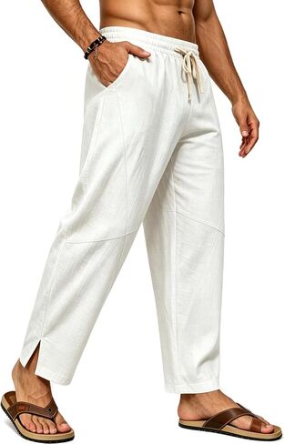 SWOMOG Mens Cotton Linen Harem Pants Baggy Drawstring Summer Beach Pants Lightweight Casual Pants with Pockets in Kuwait