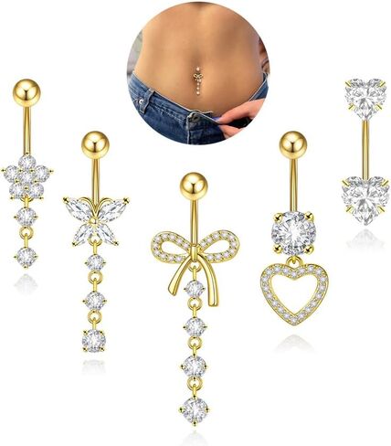 5Pcs Belly Button Ring Dangle Cute Surgical Steel Belly Button Rings Hypoallergenic Navel Piercing Jewelry For Women in Saudi Arabia