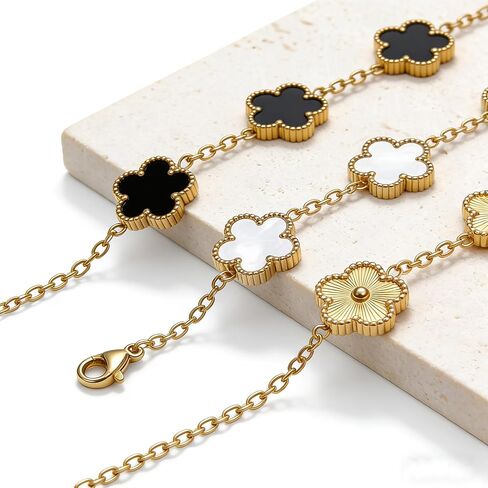 18K Gold Plated Clover Bracelet Set for Women,Fashion Simple Four Leaf Lucky Clover Bracelets,Trendy Link Bracelets Set Jewelry Gifts for Women 3Pcs (White+Black+Gold) in Saudi Arabia
