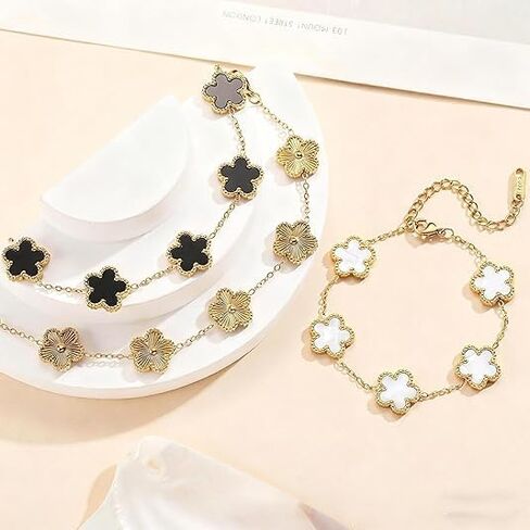 18K Gold Plated Clover Bracelet Set for Women,Fashion Simple Four Leaf Lucky Clover Bracelets,Trendy Link Bracelets Set Jewelry Gifts for Women 3Pcs (White+Black+Gold) in Saudi Arabia