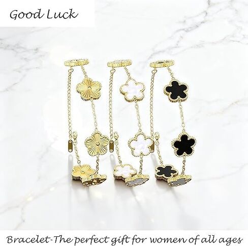 18K Gold Plated Clover Bracelet Set for Women,Fashion Simple Four Leaf Lucky Clover Bracelets,Trendy Link Bracelets Set Jewelry Gifts for Women 3Pcs (White+Black+Gold) in Saudi Arabia