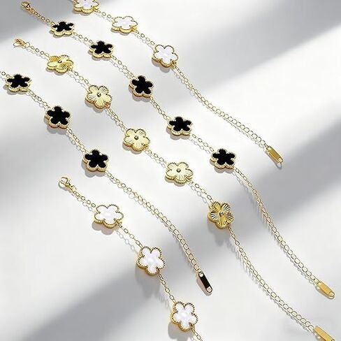 18K Gold Plated Clover Bracelet Set for Women,Fashion Simple Four Leaf Lucky Clover Bracelets,Trendy Link Bracelets Set Jewelry Gifts for Women 3Pcs (White+Black+Gold) in Saudi Arabia