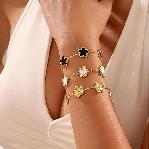 18K Gold Plated Clover Bracelet Set for Women,Fashion Simple Four Leaf Lucky Clover Bracelets,Trendy Link Bracelets Set Jewelry Gifts for Women 3Pcs (White+Black+Gold) in Saudi Arabia