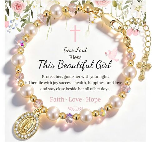 Catholic Crucifix Rosary Bracelet Gifts for Women Girls-14K Gold Plated Simulated Pink Pearl Rosary Beads Virgin Mary Jesus Cross Charm Link Chain, Virgen de Guadalupe Religious Gift for Confirmation Baptism in Saudi Arabia