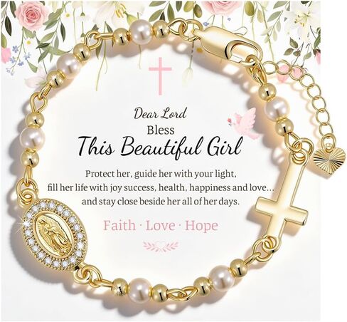 Catholic Crucifix Rosary Bracelet Gifts for Women Girls-14K Gold Plated Simulated Pink Pearl Rosary Beads Virgin Mary Jesus Cross Charm Link Chain, Virgen de Guadalupe Religious Gift for Confirmation Baptism in Saudi Arabia