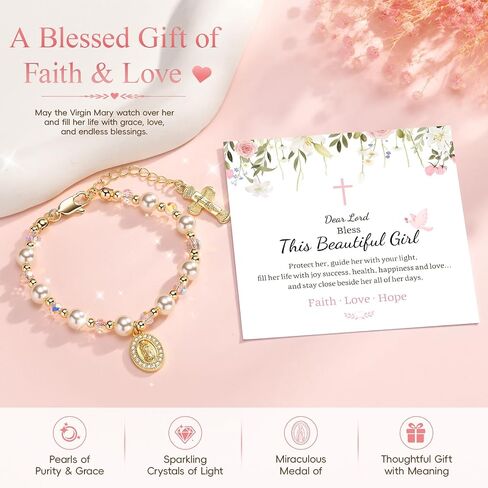 Catholic Crucifix Rosary Bracelet Gifts for Women Girls-14K Gold Plated Simulated Pink Pearl Rosary Beads Virgin Mary Jesus Cross Charm Link Chain, Virgen de Guadalupe Religious Gift for Confirmation Baptism in Saudi Arabia