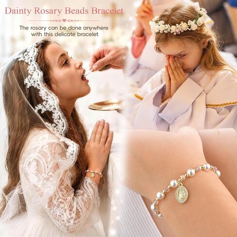 Catholic Crucifix Rosary Bracelet Gifts for Women Girls-14K Gold Plated Simulated Pink Pearl Rosary Beads Virgin Mary Jesus Cross Charm Link Chain, Virgen de Guadalupe Religious Gift for Confirmation Baptism in Saudi Arabia