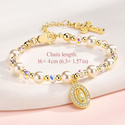 Catholic Crucifix Rosary Bracelet Gifts for Women Girls-14K Gold Plated Simulated Pink Pearl Rosary Beads Virgin Mary Jesus Cross Charm Link Chain, Virgen de Guadalupe Religious Gift for Confirmation Baptism in Saudi Arabia