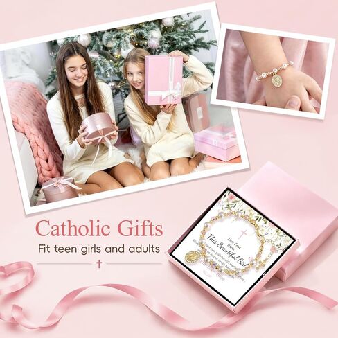 Catholic Crucifix Rosary Bracelet Gifts for Women Girls-14K Gold Plated Simulated Pink Pearl Rosary Beads Virgin Mary Jesus Cross Charm Link Chain, Virgen de Guadalupe Religious Gift for Confirmation Baptism in Saudi Arabia