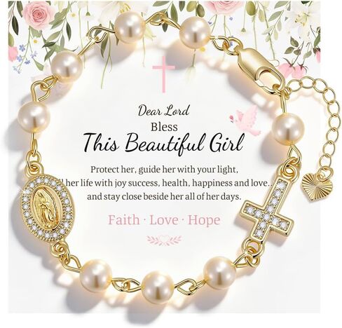 Catholic Crucifix Rosary Bracelet Gifts for Women Girls-14K Gold Plated Simulated Pink Pearl Rosary Beads Virgin Mary Jesus Cross Charm Link Chain, Virgen de Guadalupe Religious Gift for Confirmation Baptism in Saudi Arabia
