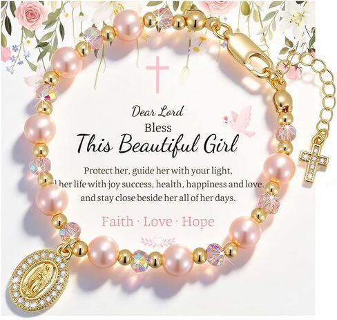 Catholic Crucifix Rosary Bracelet Gifts for Women Girls-14K Gold Plated Simulated Pink Pearl Rosary Beads Virgin Mary Jesus Cross Charm Link Chain, Virgen de Guadalupe Religious Gift for Confirmation Baptism in Saudi Arabia