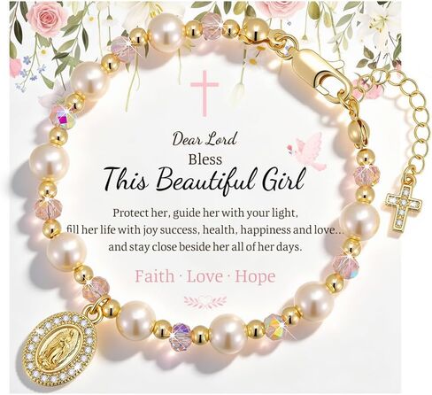 Catholic Crucifix Rosary Bracelet Gifts for Women Girls-14K Gold Plated Simulated Pink Pearl Rosary Beads Virgin Mary Jesus Cross Charm Link Chain, Virgen de Guadalupe Religious Gift for Confirmation Baptism in Saudi Arabia