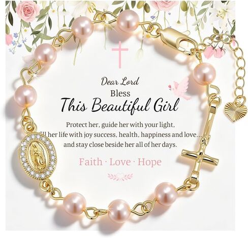 Catholic Crucifix Rosary Bracelet Gifts for Women Girls-14K Gold Plated Simulated Pink Pearl Rosary Beads Virgin Mary Jesus Cross Charm Link Chain, Virgen de Guadalupe Religious Gift for Confirmation Baptism in Saudi Arabia