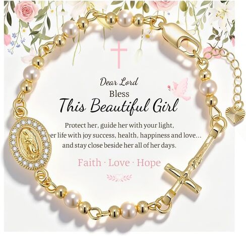 Catholic Crucifix Rosary Bracelet Gifts for Women Girls-14K Gold Plated Simulated Pink Pearl Rosary Beads Virgin Mary Jesus Cross Charm Link Chain, Virgen de Guadalupe Religious Gift for Confirmation Baptism in Saudi Arabia