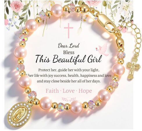 Catholic Crucifix Rosary Bracelet Gifts for Women Girls-14K Gold Plated Simulated Pink Pearl Rosary Beads Virgin Mary Jesus Cross Charm Link Chain, Virgen de Guadalupe Religious Gift for Confirmation Baptism in Saudi Arabia
